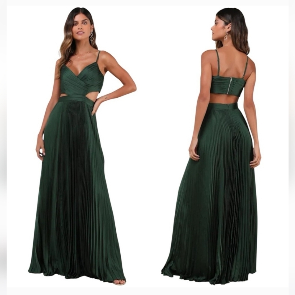 Lulus Got The Glam Emerald Green Pleated Cutout Maxi Dress Size XL